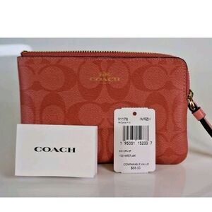 Coach Coral Pink Signature Zip Wristlet with Gold Hardware